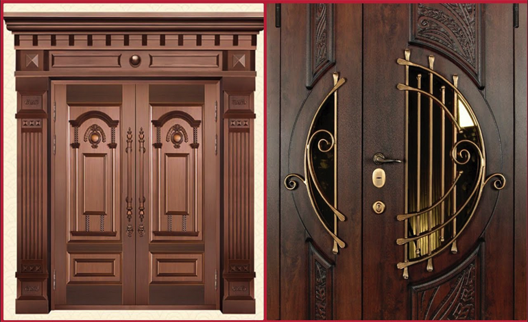 Stylish wooden doors with intricate designs & metallic accents for a luxurious & secure home entrance