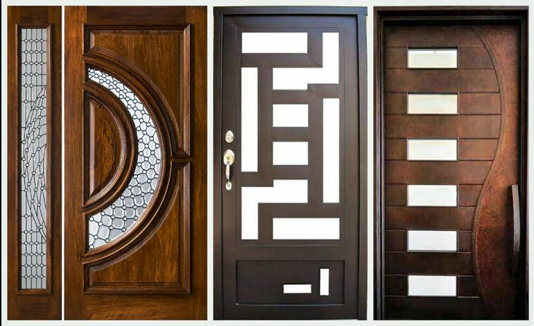 A collection of stylish modern doors featuring unique wood, & geometric design patterns.