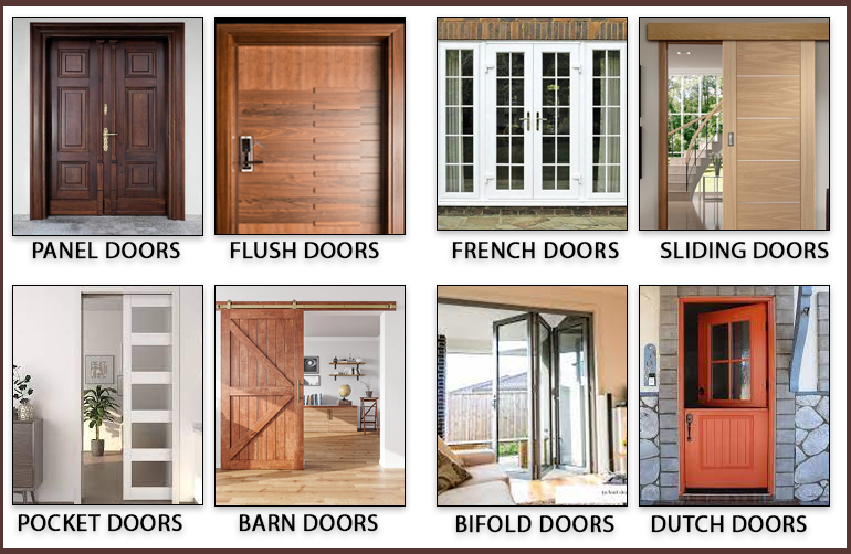 A variety of door styles, including panel, flush, French, sliding, pocket, barn, & Dutch doors.